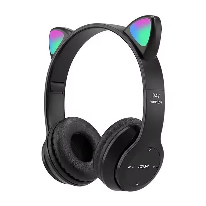 .Różowe i czarne 2x słuchawki nauszne Bluetooth z kocimi uszami.