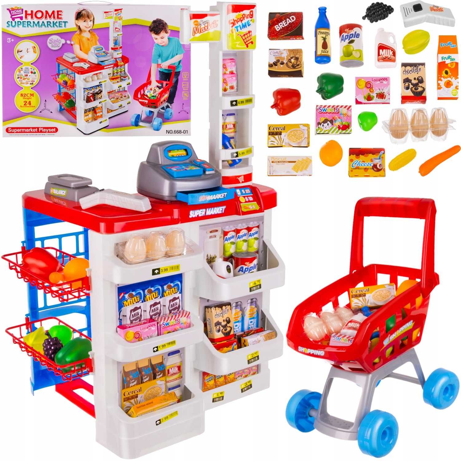 Supermarket Sklep Kasa dla Dzieci Stragan + Wózek Koszyk Akcesoria
