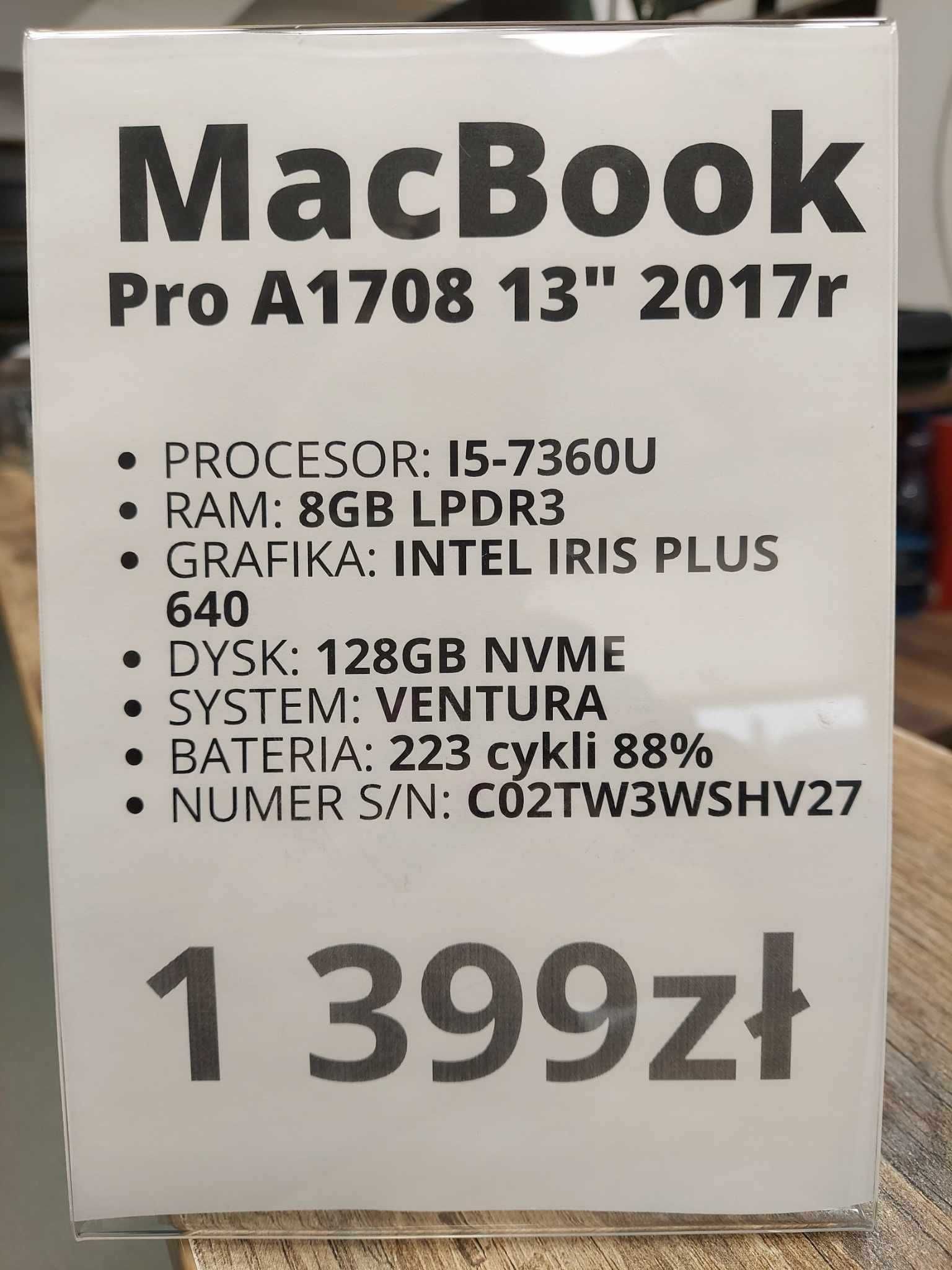 Laptop Apple MacBook Pro A1708 i5-7360U/8GB/128GB/VENTURA gwarancja