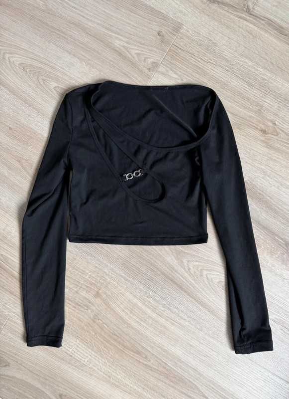 Bluzka crop top z długim rękawem ozdobny wycięty dekolt s m