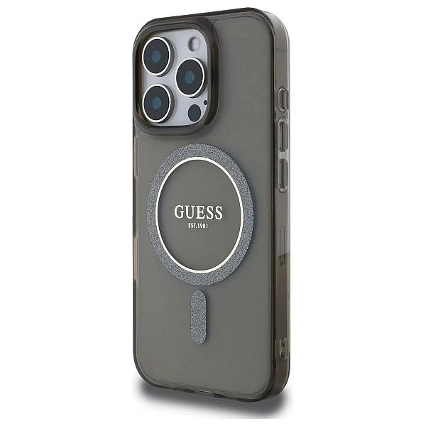 Etui Guess IML Glitter Circle MagSafe na iPhone 16 Pro Max - czarne