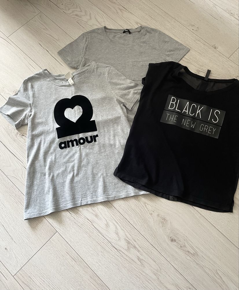 Zestaw 3 tshirt koszulki damskie krótki rękaw szary czarny basic xs 34