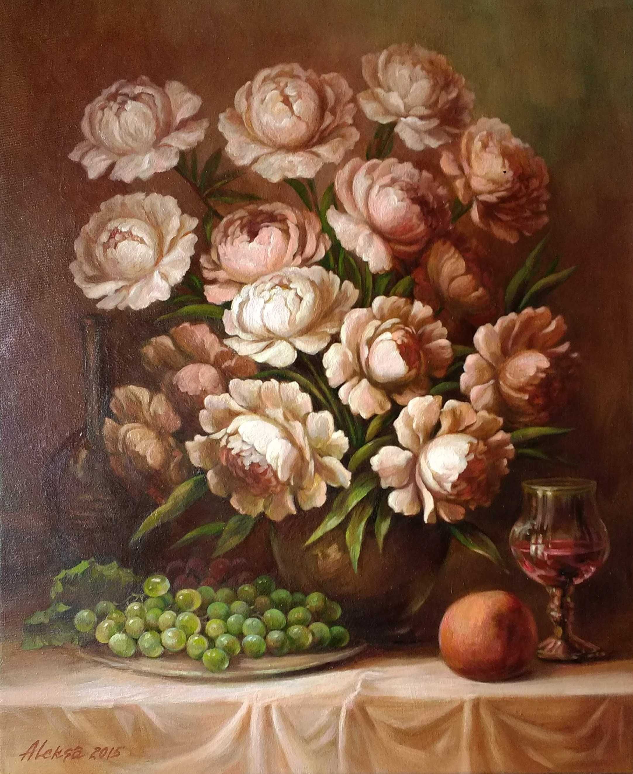 Картина маслом "Белые пионы и виноград"