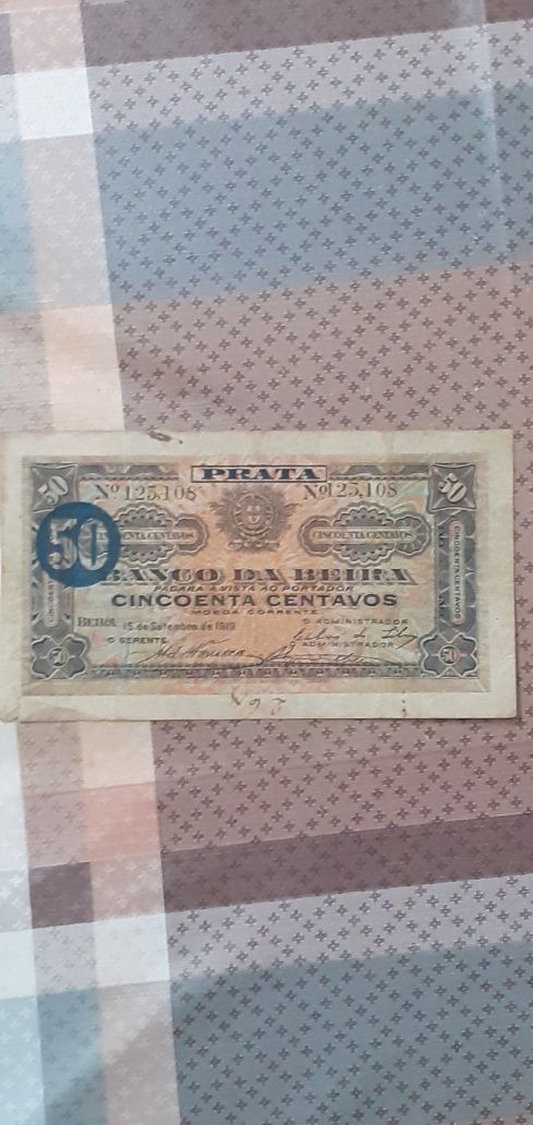Nota 50 centavos banco da beira prata Moçambique 1919  Moçambique