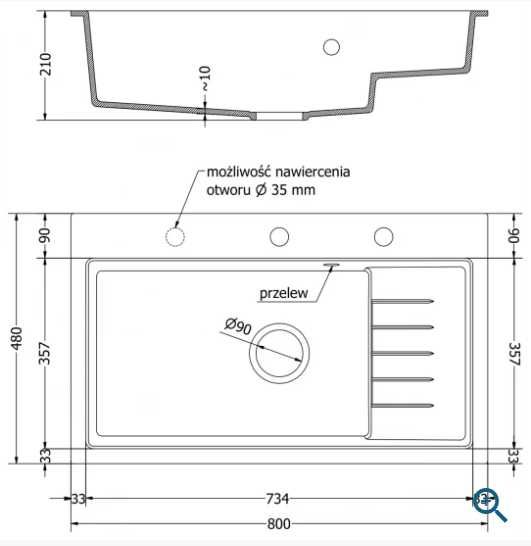 Zlew granitowy czarny 1-komorowy 800 x 480 mm