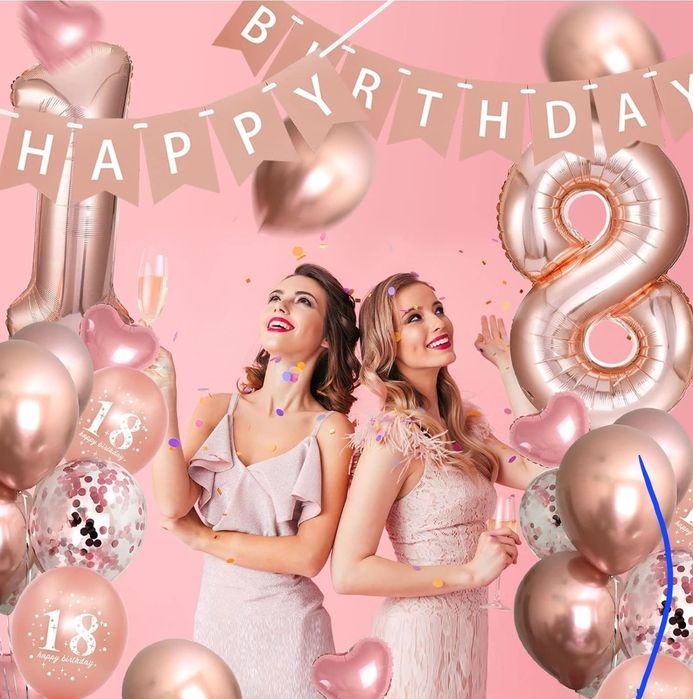 Zestaw urodzinowy balony rozetki , 18 urodzinowy róż, złoto, rosegold