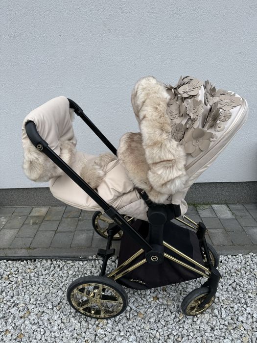 Cybex Priam Simply Flowers Beige - śpiworek, mufka i futrzany kołnierz