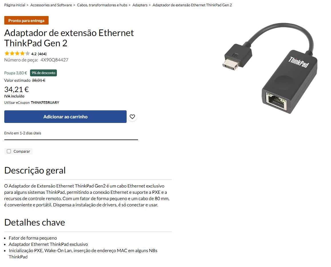 Adaptador de extensão Ethernet ThinkPad Gen 2