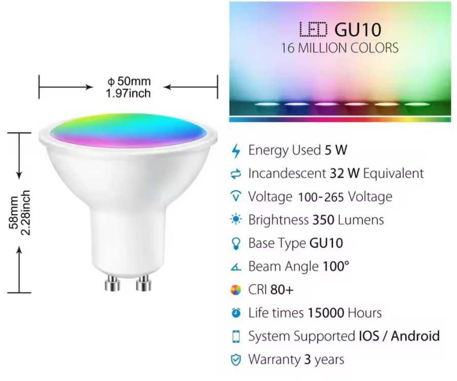 Lâmpadas LED GU10 (todas as cores + branco) WiFi, HomeKit Alexa Google
