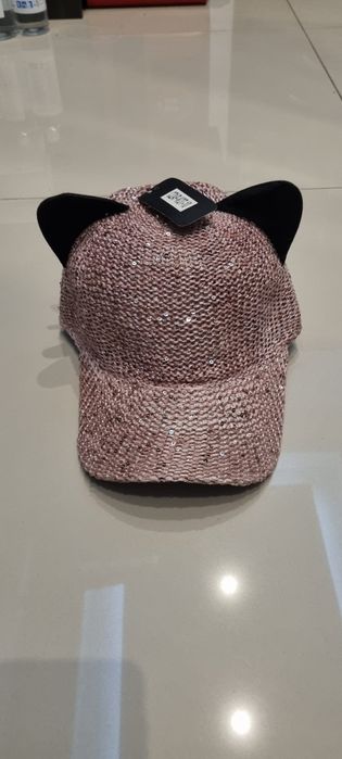 Nowa! Śliczna kociąt czapka z daszkiem cyrkonią pudrowy roż