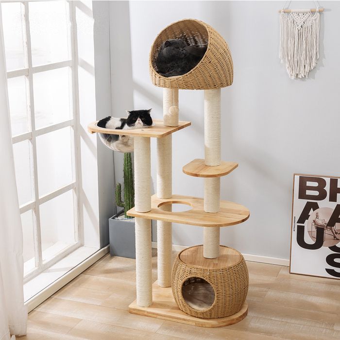 Drewniany Drapak dla Kota Miaura Natura Pleciony 88x40x150cm Kremowy