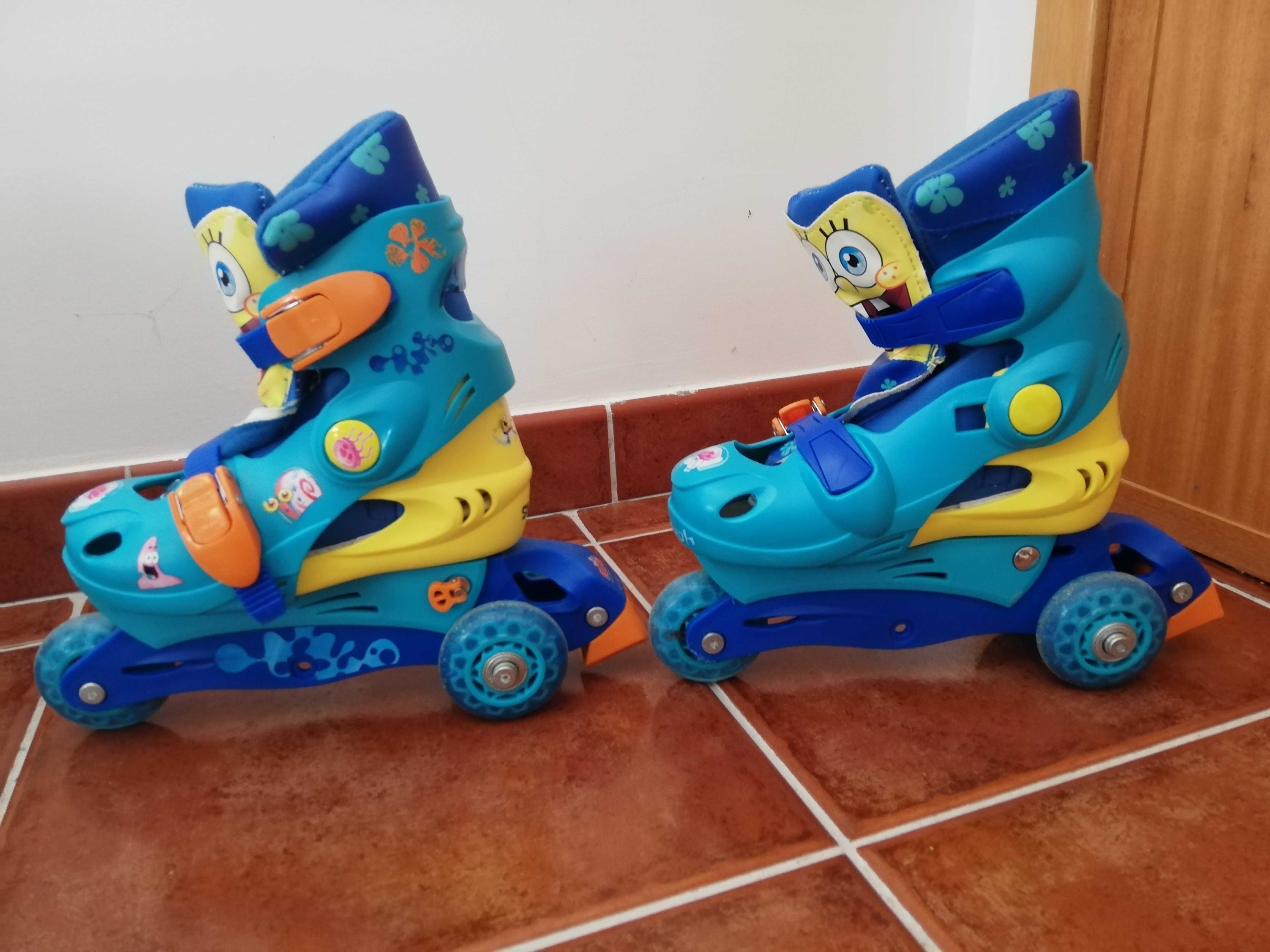 Patins três rodas, com proteção de joelhos e cotovelos