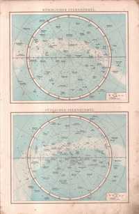 Niebo północne i południowe. Mapa astronomiczna 1880 r. autentyk