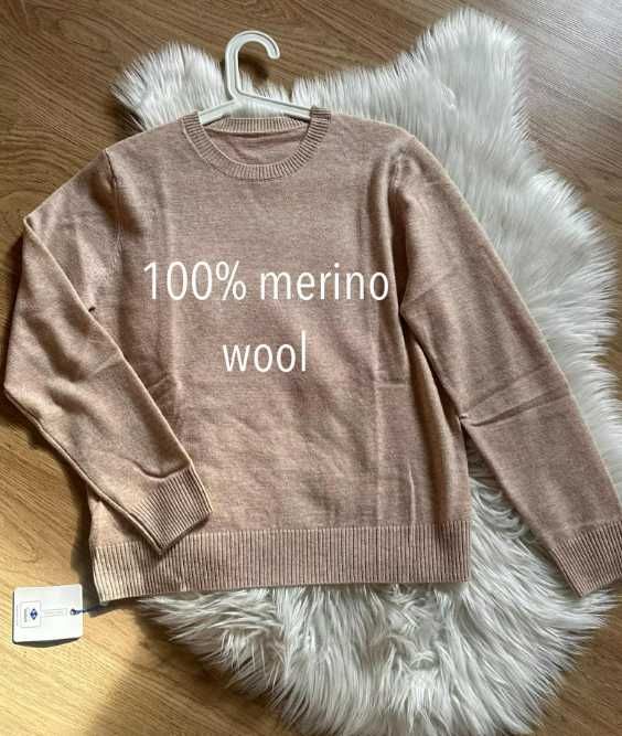 Sweter beżowy wełniany 100% wełna merino L