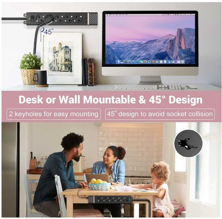 Listwa zasilająca 5 gniazd 3m 4USB ochrona przepięciowa 2400W/10A