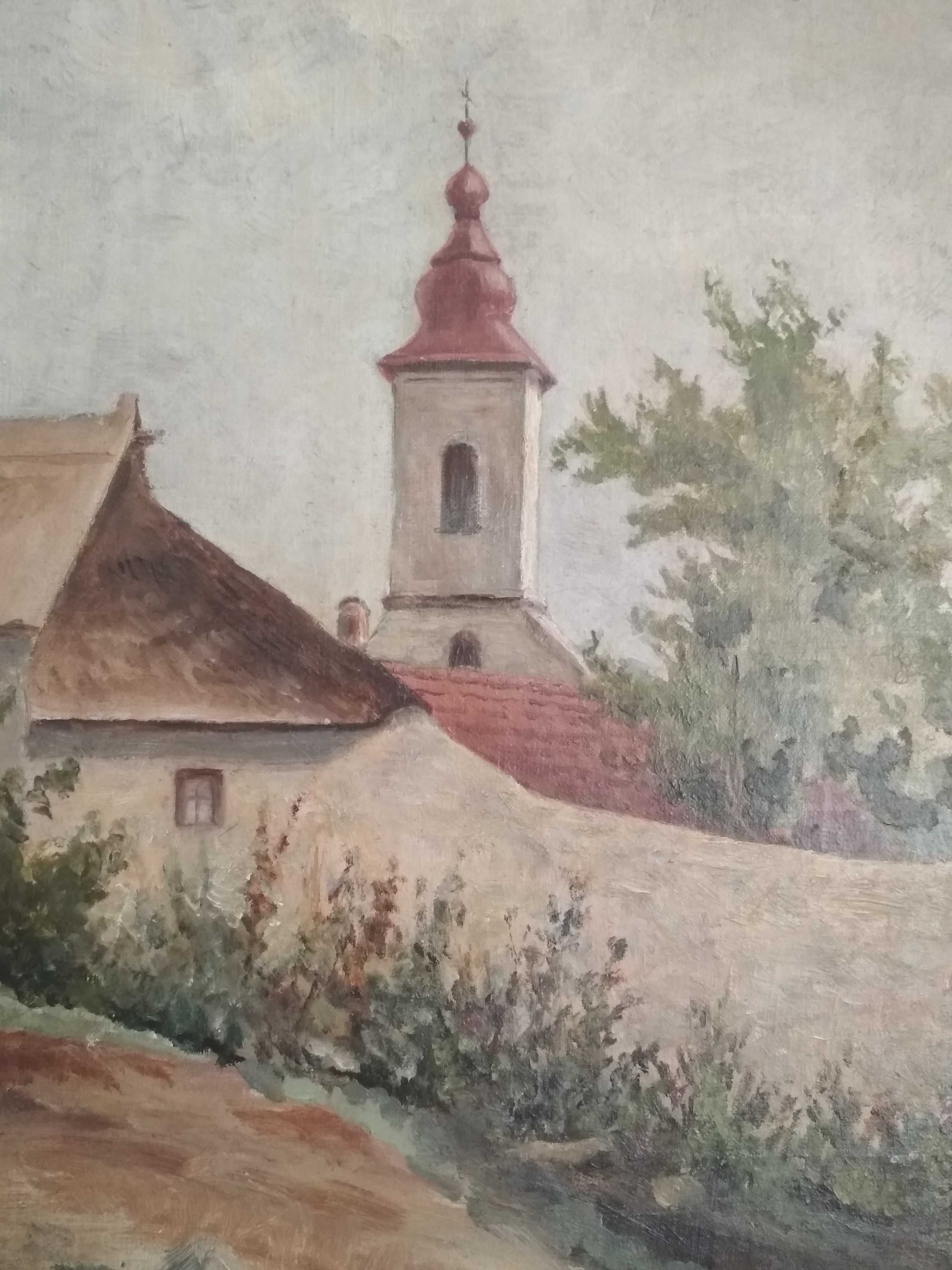 Stary obraz olejny - widok z kościołem