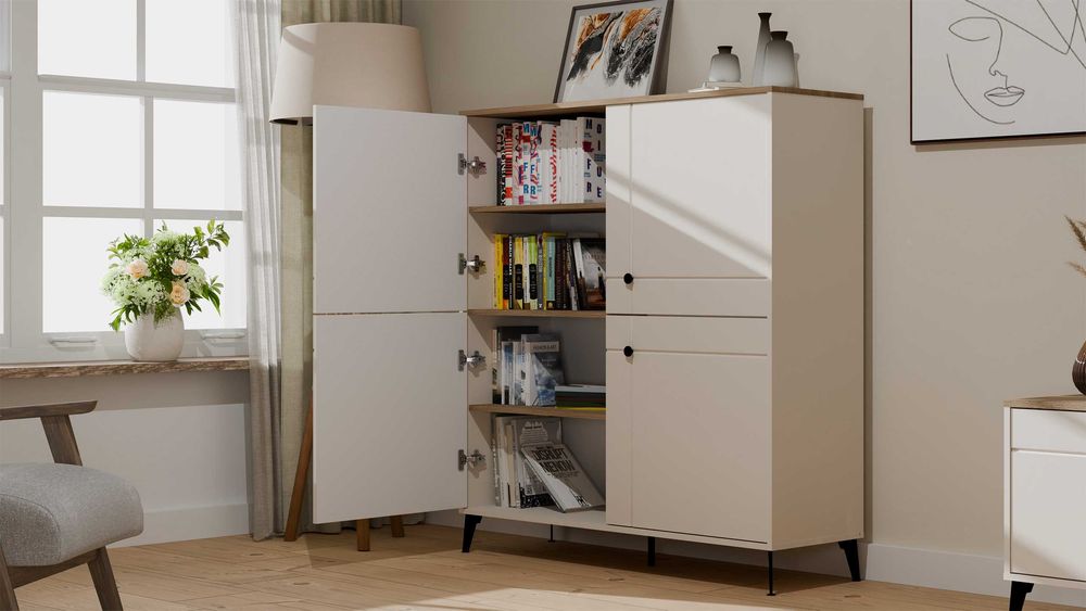 Komoda POINT 4D Kaszmir Beż Dąb Castello Szafka 4 Drzwi 8 Półek Salon