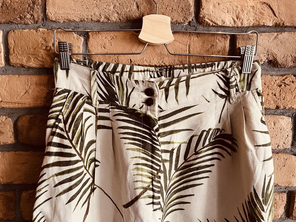 Szerokie damskie lniane spodnie z tropikalnym wzorem rozmiar 38 M L