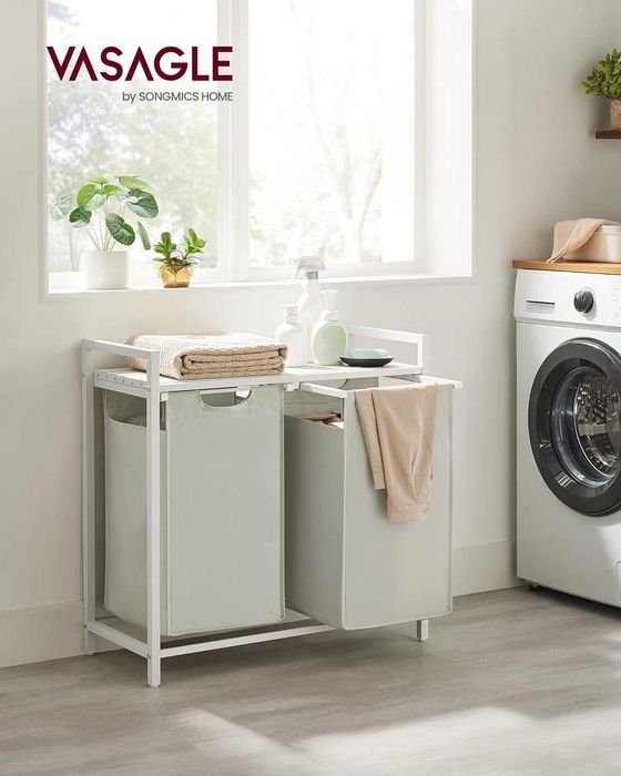 Kosz na pranie z półką, biały metal,szary materiał