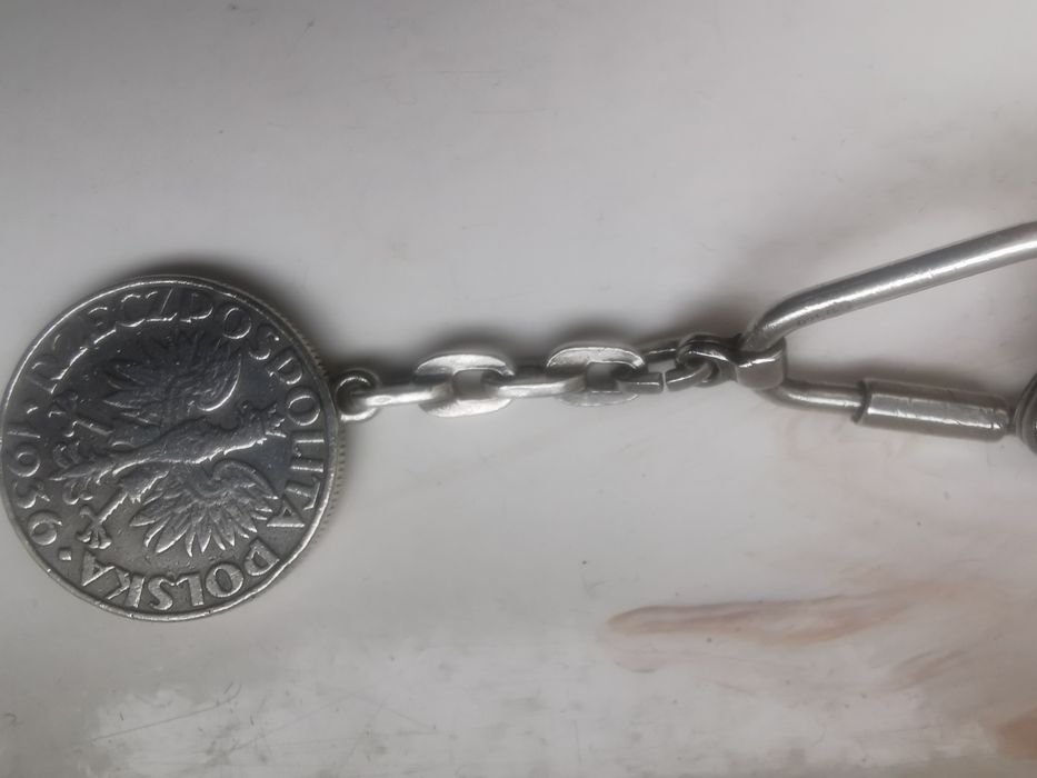 Brelok srebrny Unikat do kluczy z monetą srebrną 5 złotych żaglowiec