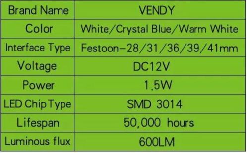Автомобильные лампочки Vendy LED C5W White, диаметр 8,5 мм, длина 30мм