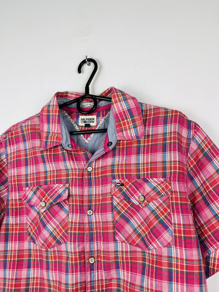 Różowa koszula w kratę z krótkim rękawe Hilfiger Denim rozmiar M fit L