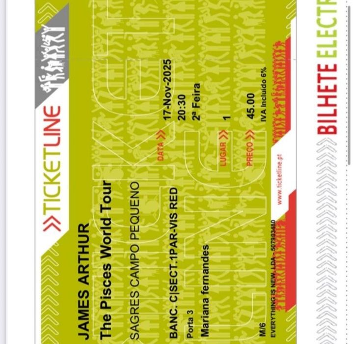 Troco bilhete  James Arthur para dia 17