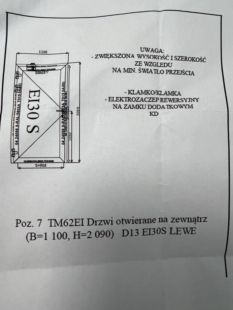 Sprzedam drzwi aluminiowe ogniodporne Ei 30 S  o wymiarach 1 100,H=209