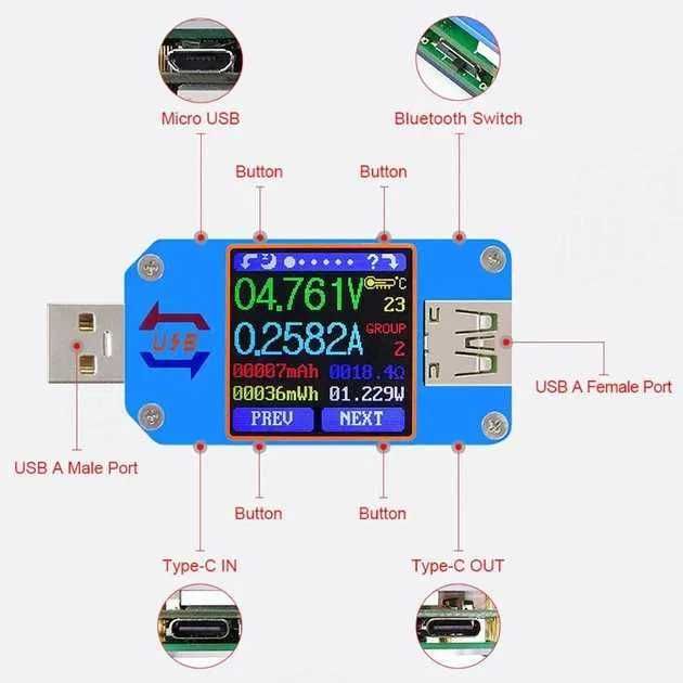 USB тестер RD UM25C Bluetooth / Android / IOS / QC3.0 / 4-24V / 5A