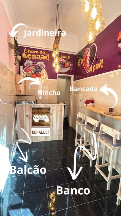 Móveis de Paletes e pinho para loja de Açai