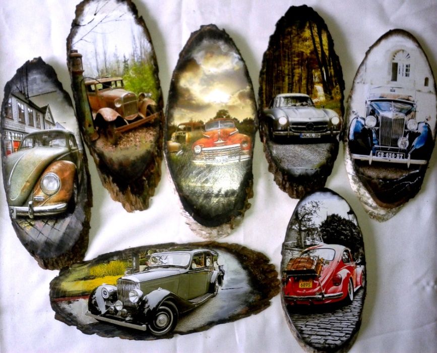 Серия картин на срезе дерева "Ретроавтопарк" декупаж ручная работа
