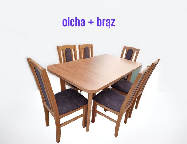 Nowe: Stół i 6 krzeseł, OD RĘKI , olcha + brąz