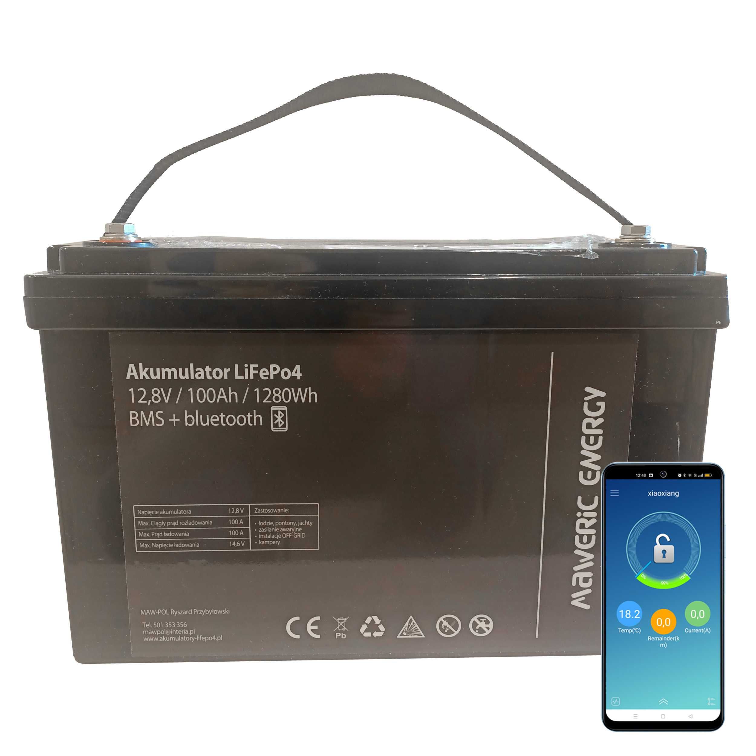 Akumulator LiFePO4 12V 100Ah z BMS Bluetooth balanser + ładowarka 15A