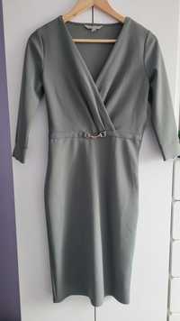 Sukienka biurowa oliwkowa, H&M, XS, dekolt V