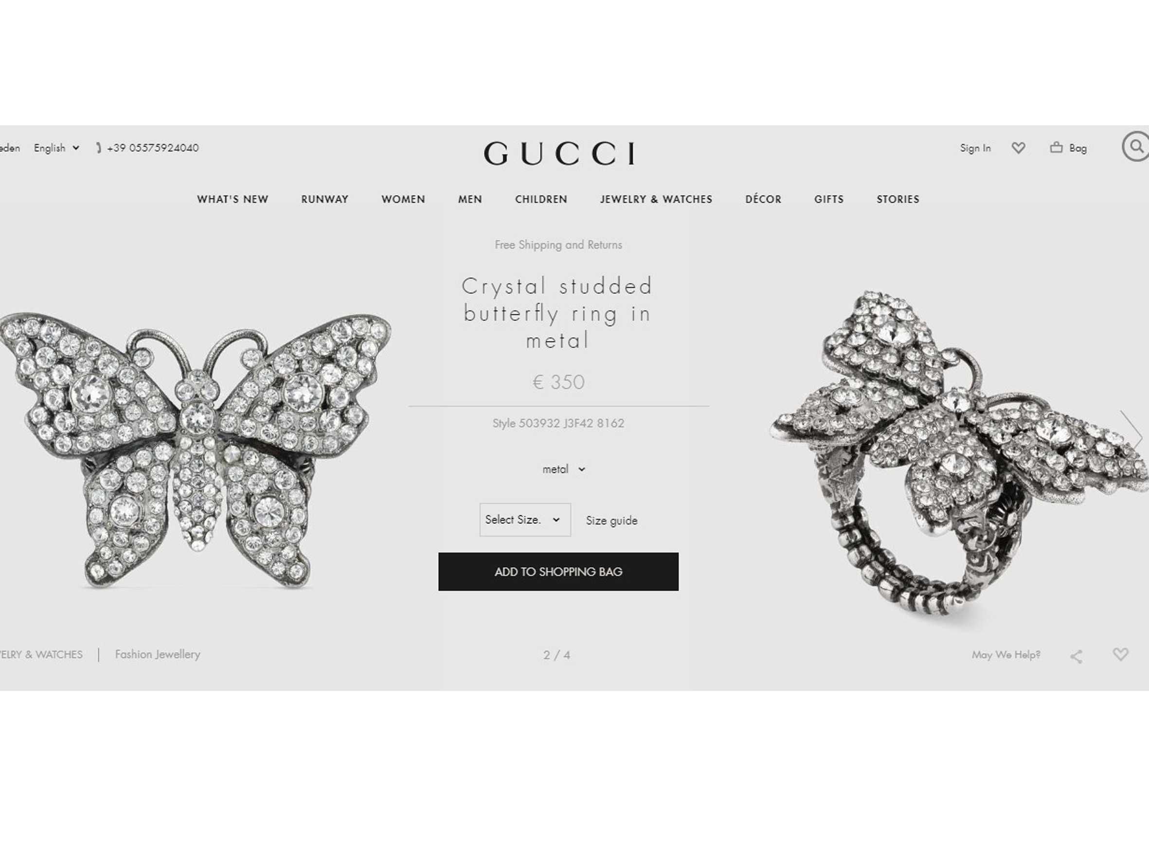 Роскошное кольцо бабочка с кристаллами gucci размер 18