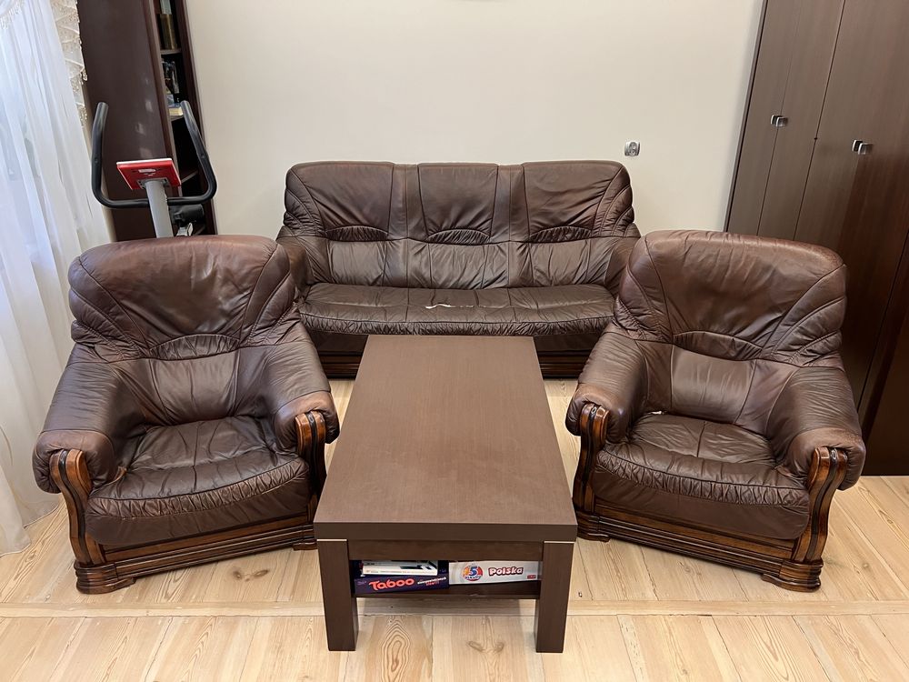 Zestaw wypoczynkowy komplet skórzany - kanapa / sofa, fotel x2