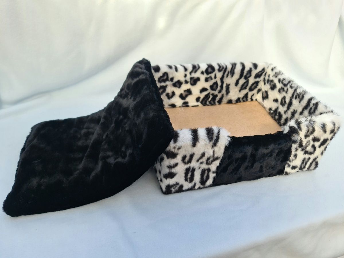 Cama de Animais Luxuosa de Pelo Leopardo Branco e Preto