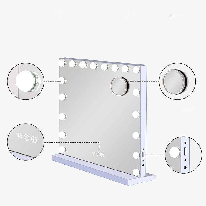 Duże lustro kosmetyczne LED 80x60 cm z lupą 10X i portem USB