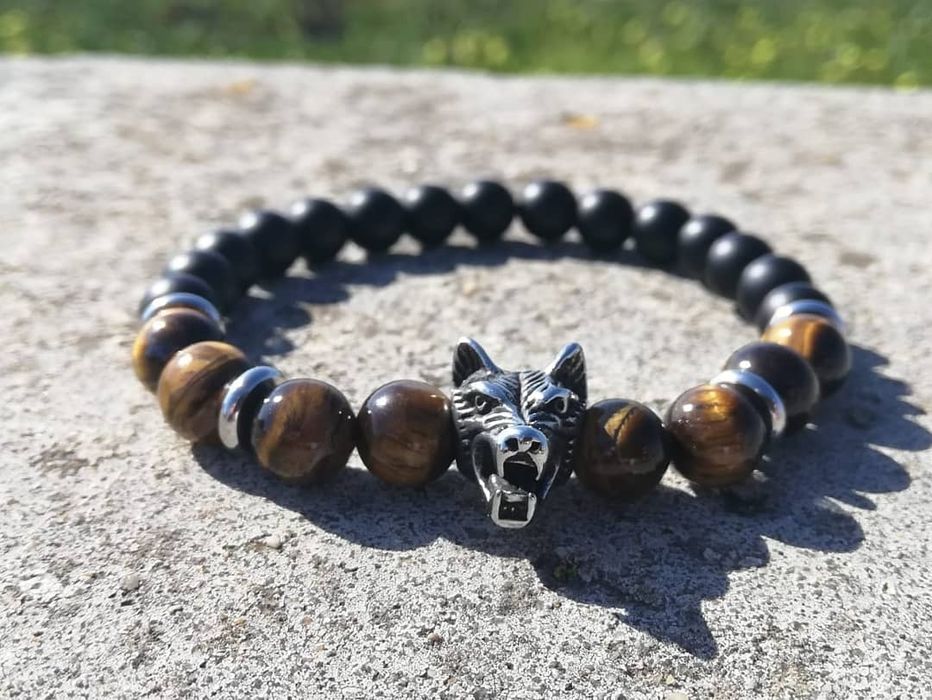 Pulseiras Masculinas Lobo com Pedras Naturais