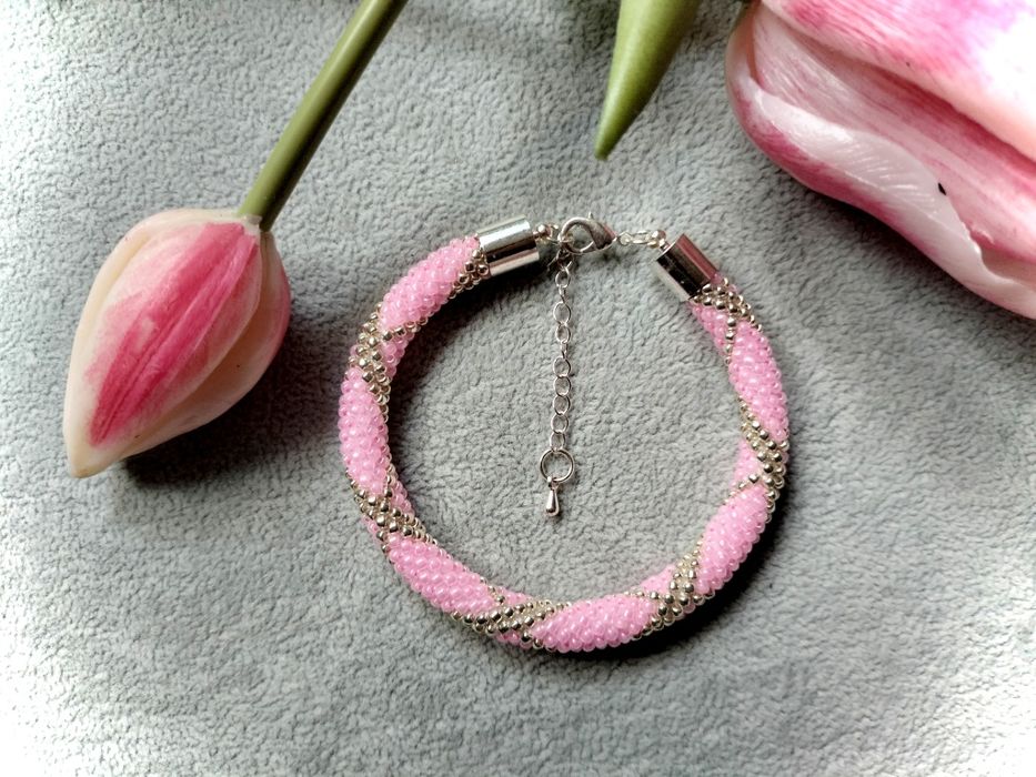 Bransoletka róż i złoto handmade koraliki Toho