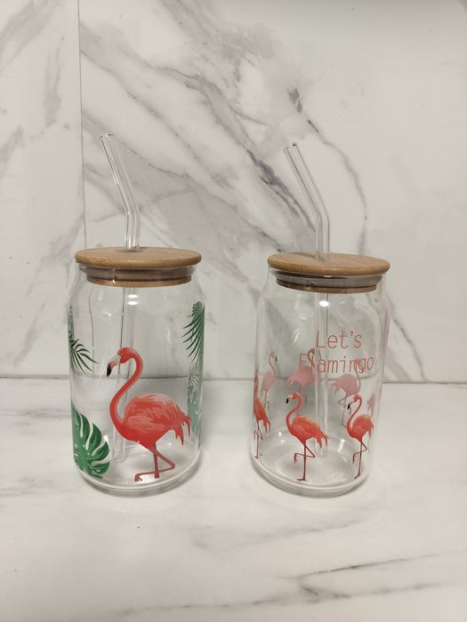 Zestaw szklanych słoików / kubków / szklanek do picia ze słomką