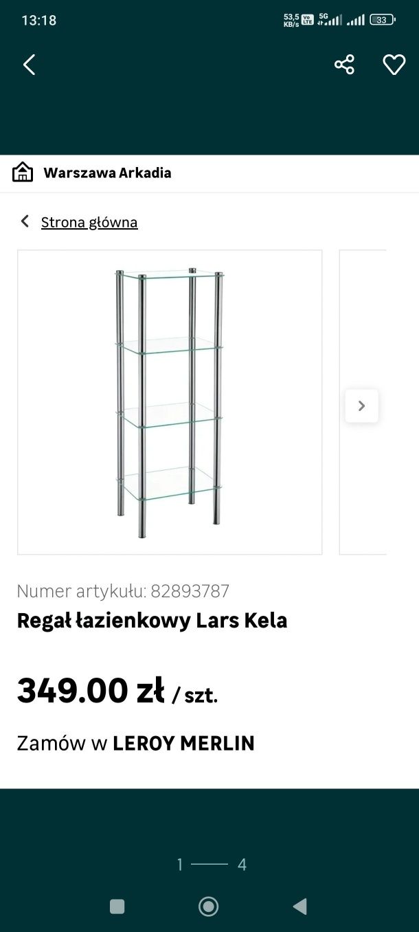 Regał szkło + chrom na książki bibeloty Leroy Merlin 349 zł
