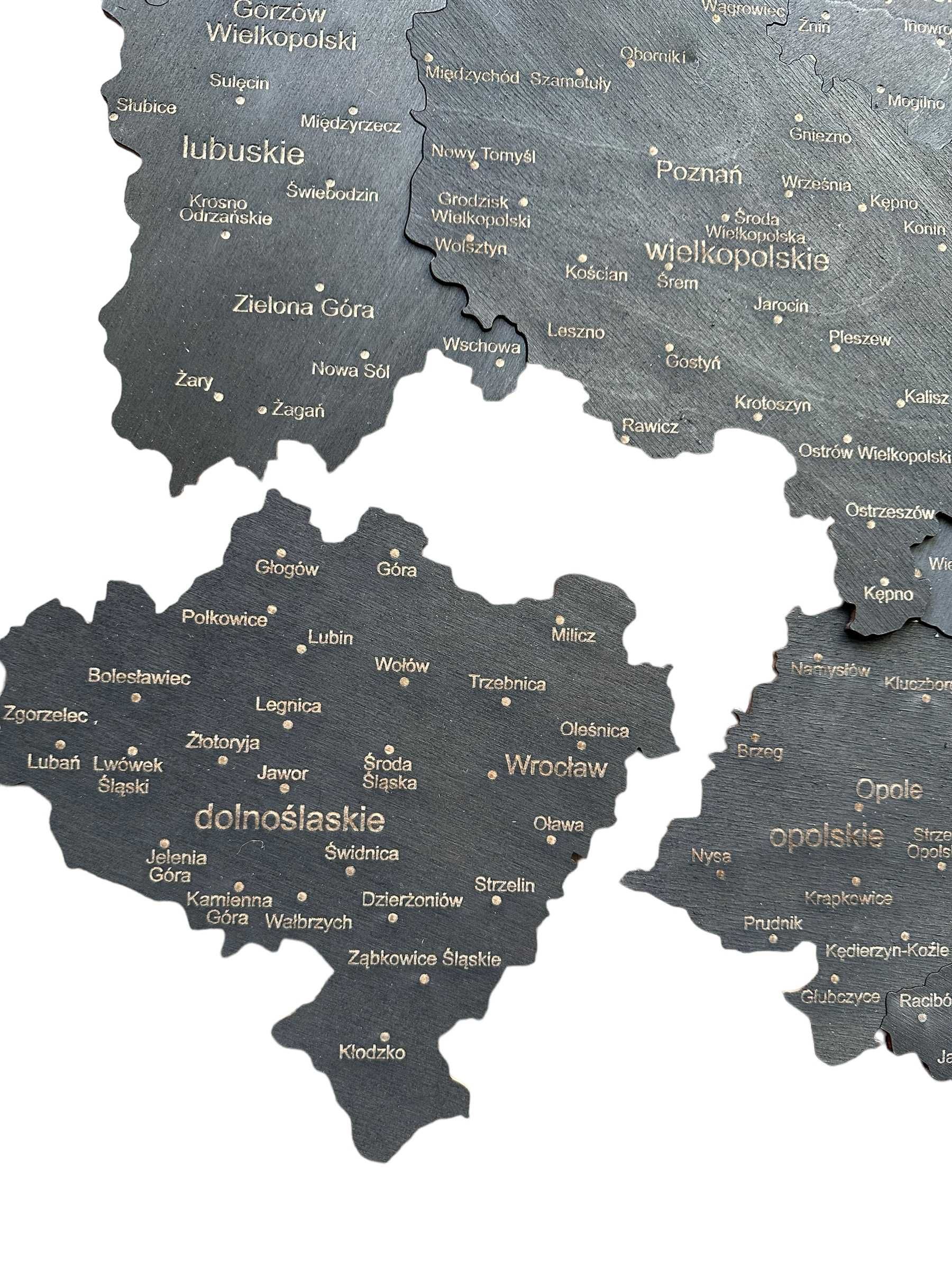 Drewniana nowa mapa Polski czarna, województwa 160 cm