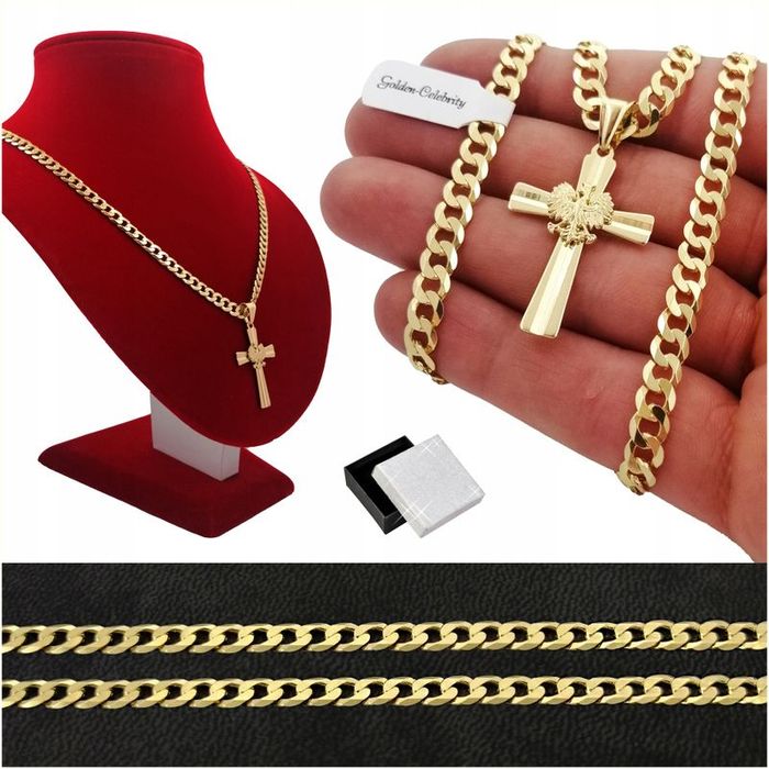 Złoty Łańcuszek Męski Z Krzyżykiem 585, 925 Wisiorek Krzyż Orzeł Godło