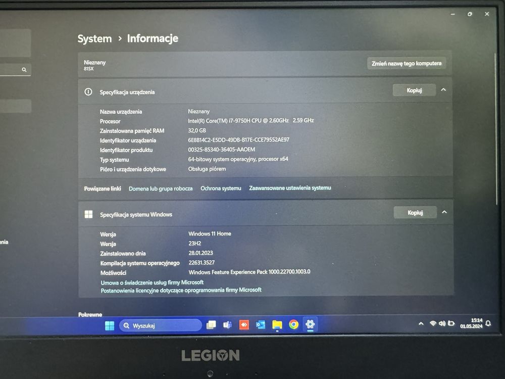 Lenovo Legion Y540 32GB RAM 512GB SSD 1TB HDD 15,6" i7 1660Ti do gier