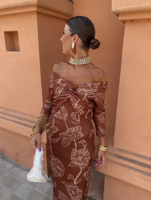 Vestido castanho padrão floral, tamanho único, Buganco
