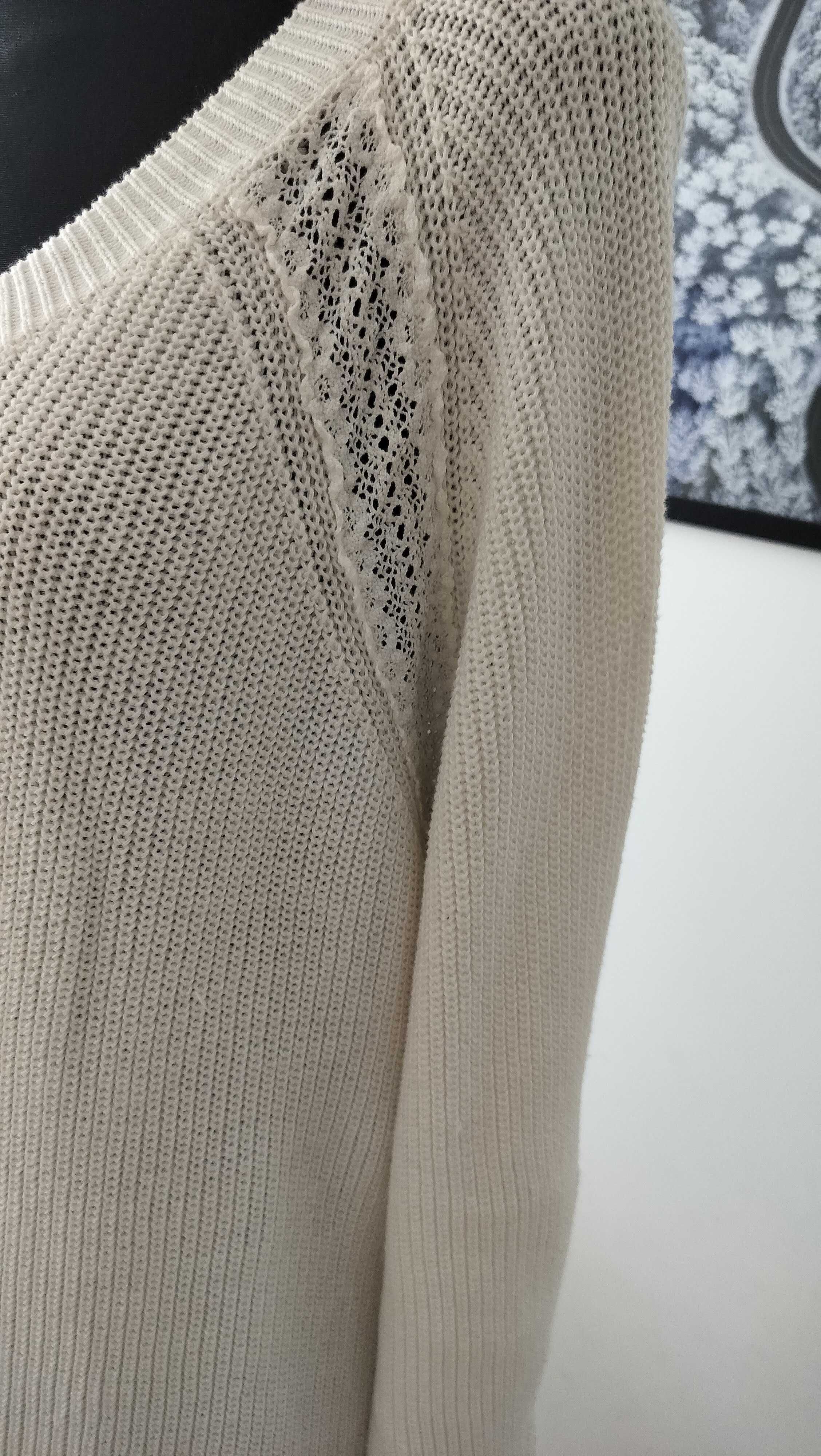 Sweter damski 48 Ulla Popken szykowny wstawki koronkowe bawełna ekri