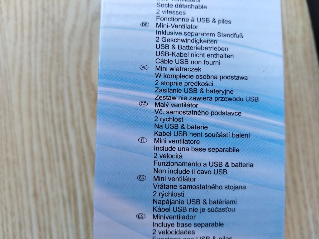 Mini-wiatrak ręczny, niebieski, na baterie i USB