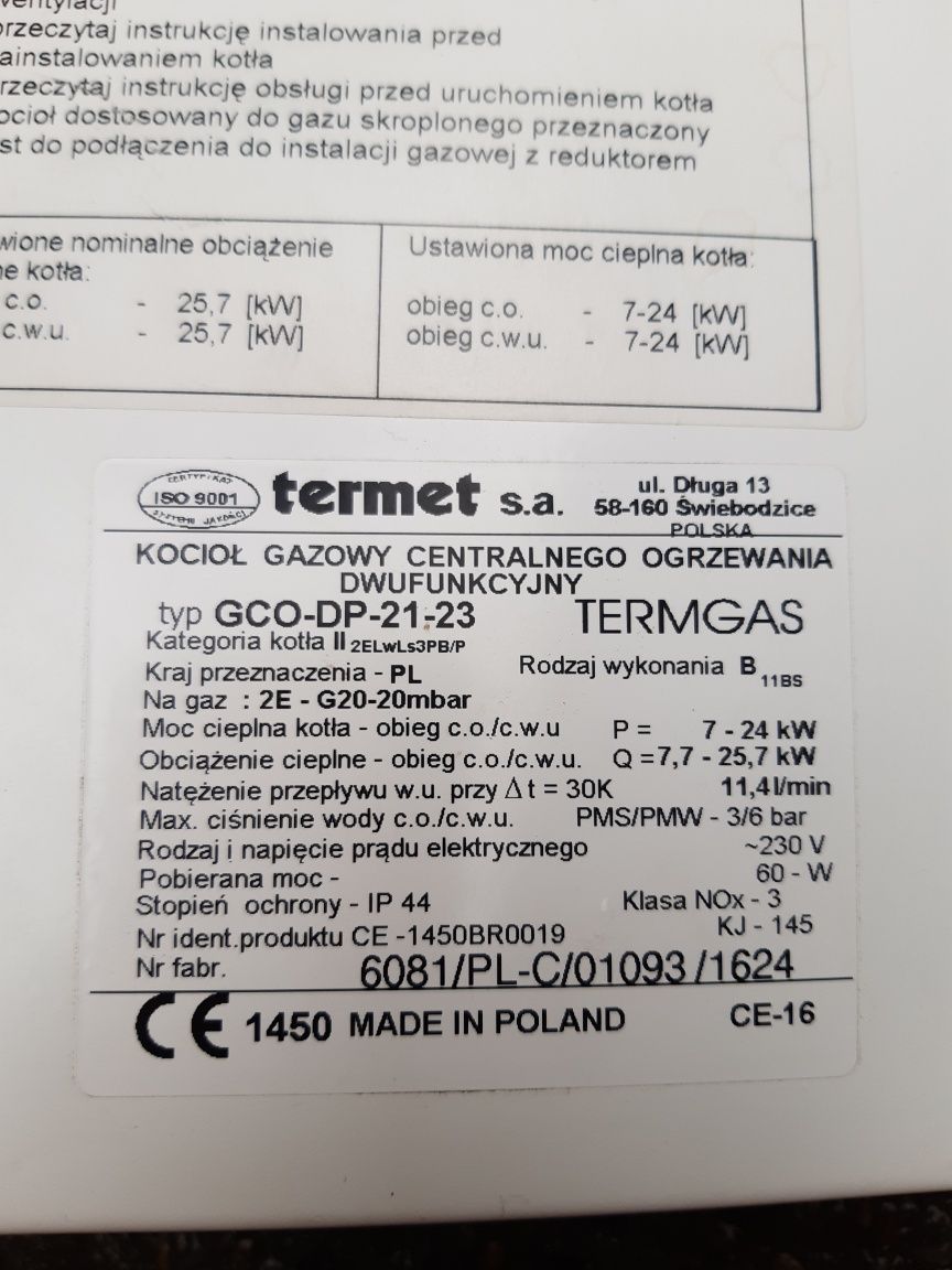 Piec gazowy Termet Termgas otw..kom.spal. (części)