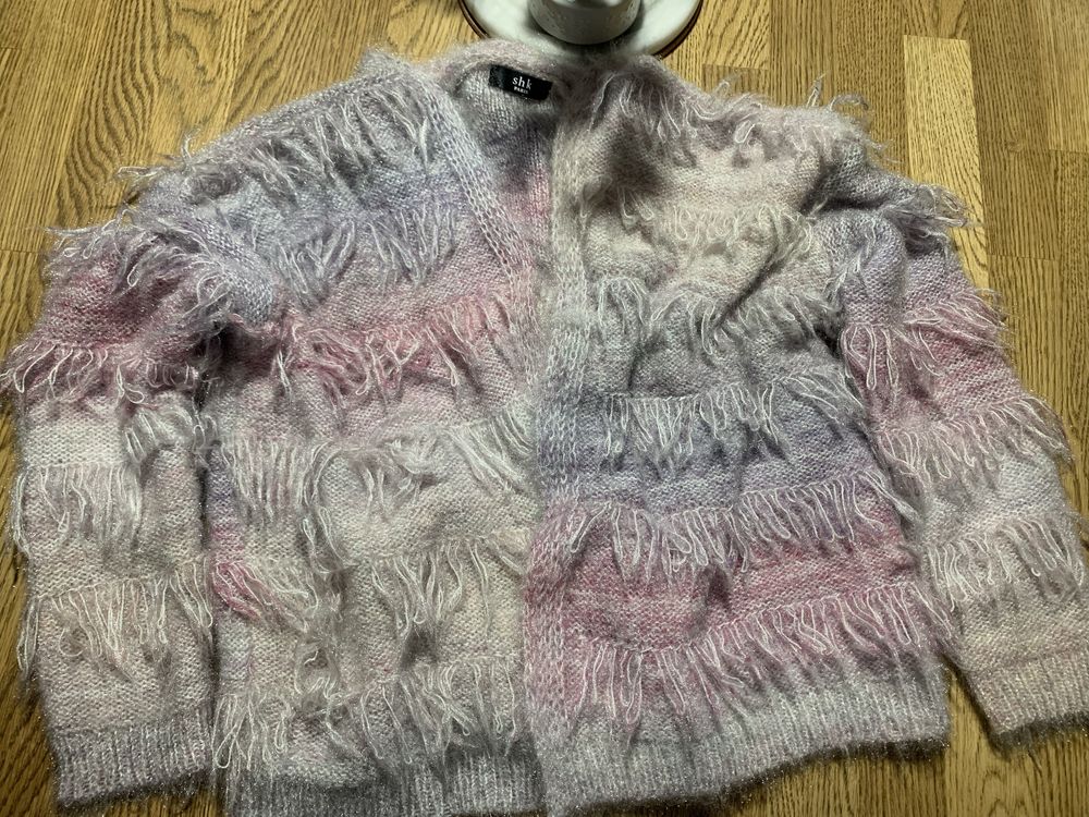 Super sweter kardigan  pastel kolor frędzle wełna